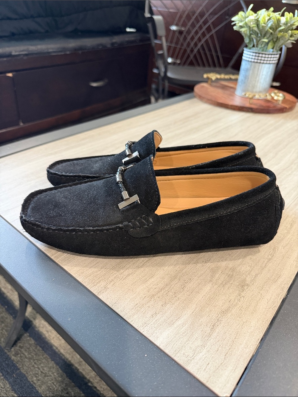 DC Men’s Black Suede Slip-On Loafers with Silver Bit